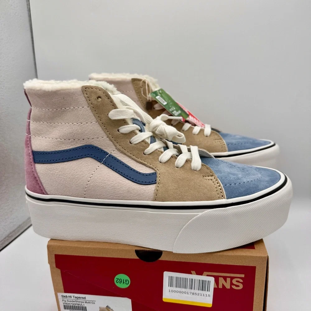 NWT Vans Sk8 Hi Pig Suede Multi Sherpa platform sneakers pink blue tan unisex - Picture 8 of 15